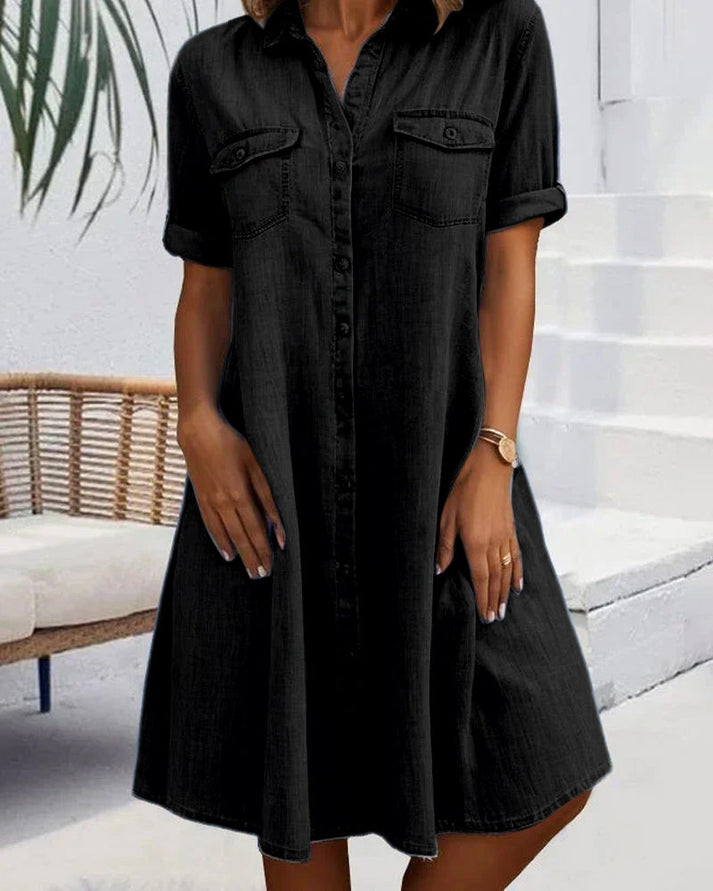 Sveta Kurzärmeliges Denim-Kleid mit Knopfleiste