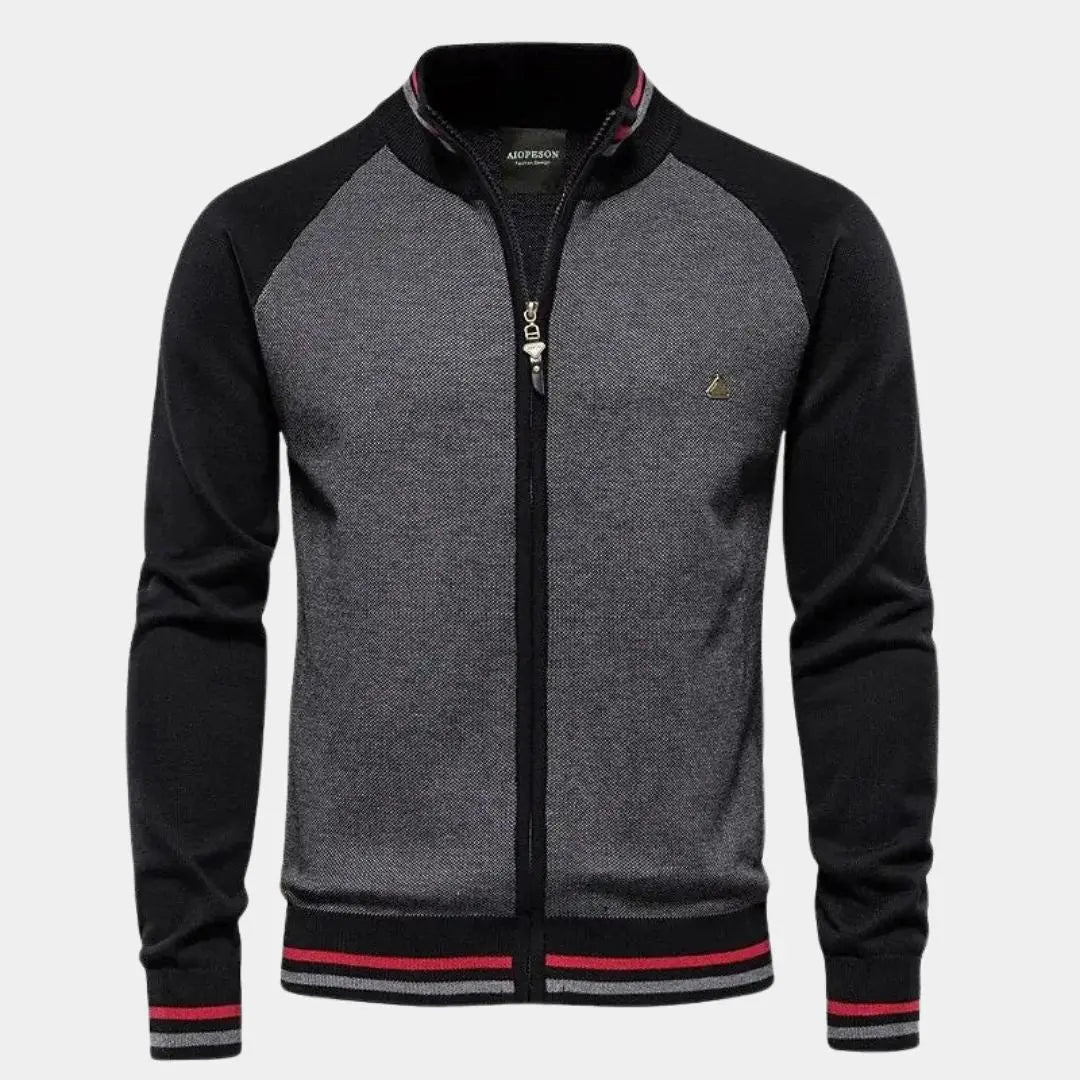 Stehkragen-Strickjacke mit Reißverschluss und Farbblock