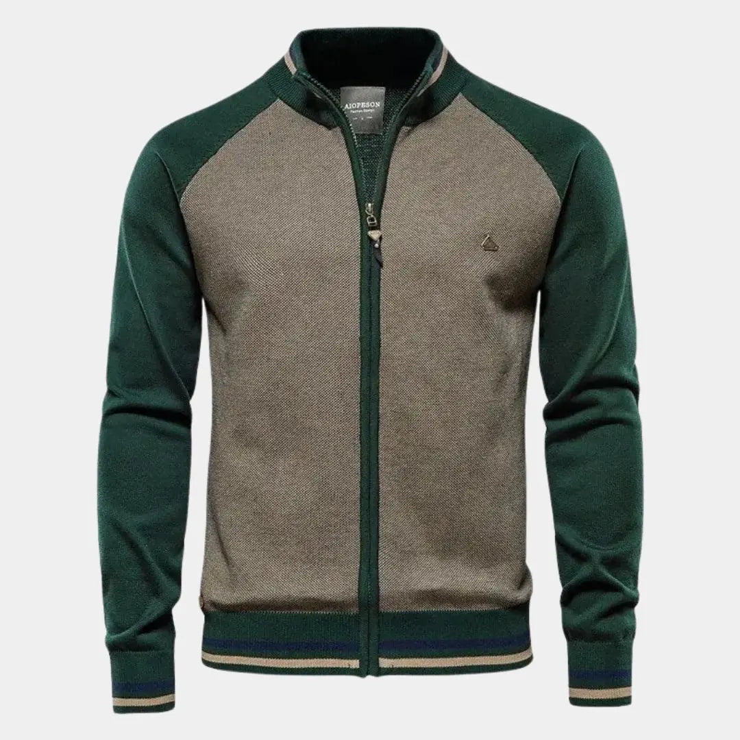 Stehkragen-Strickjacke mit Reißverschluss und Farbblock