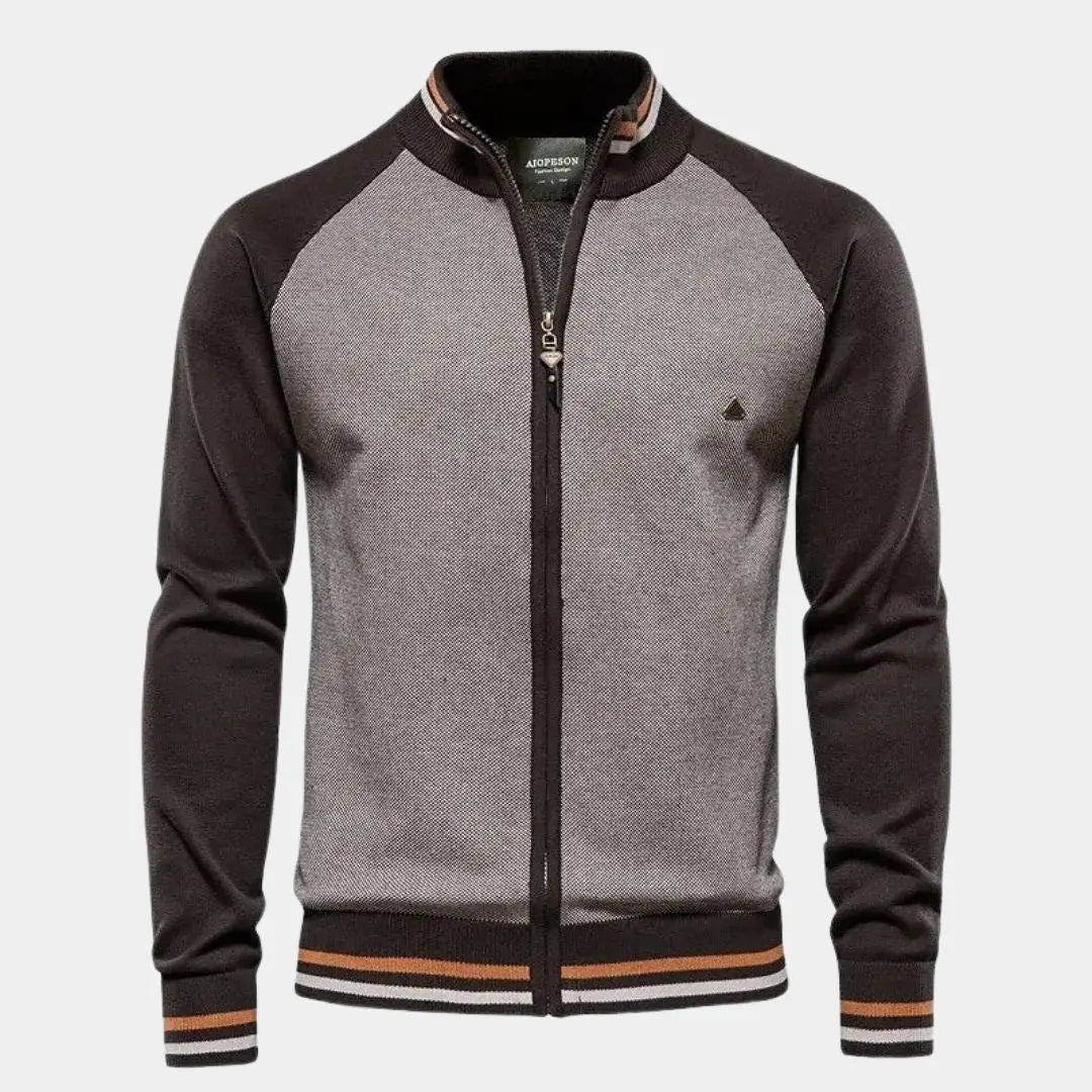 Stehkragen-Strickjacke mit Reißverschluss und Farbblock