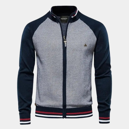 Stehkragen-Strickjacke mit Reißverschluss und Farbblock
