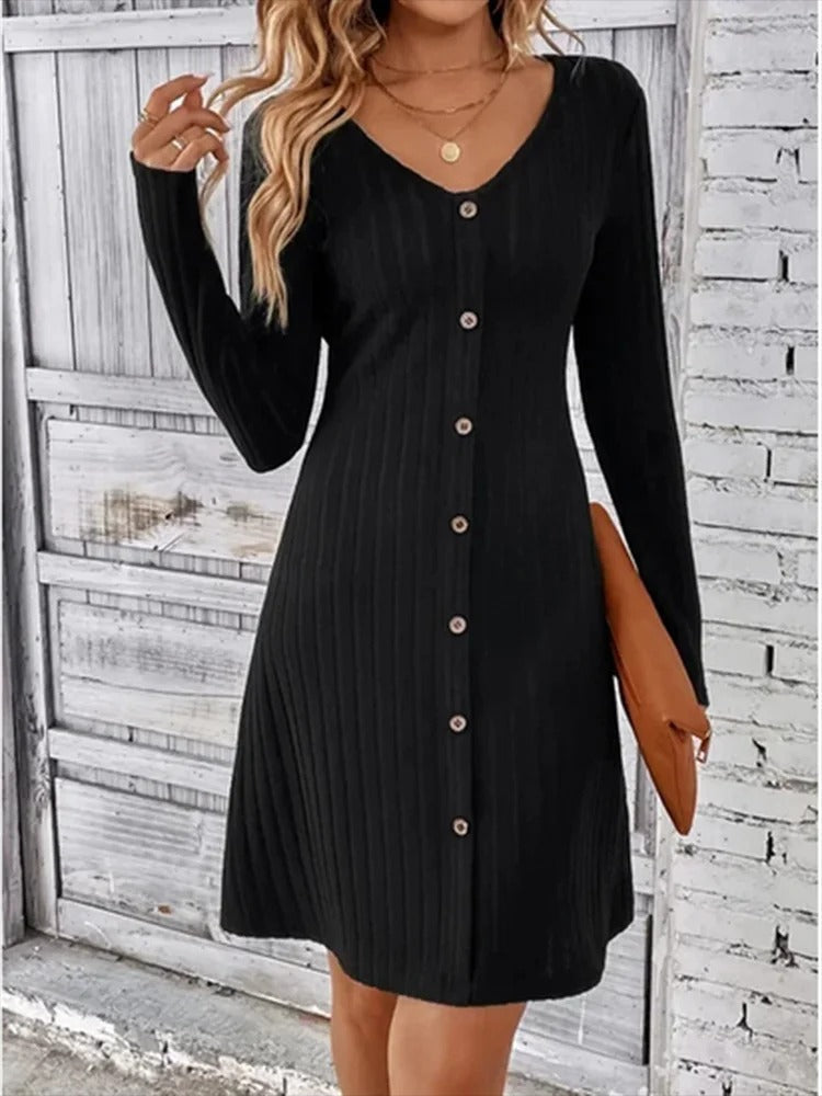 V-Ausschnitt Knopfleiste Kleid