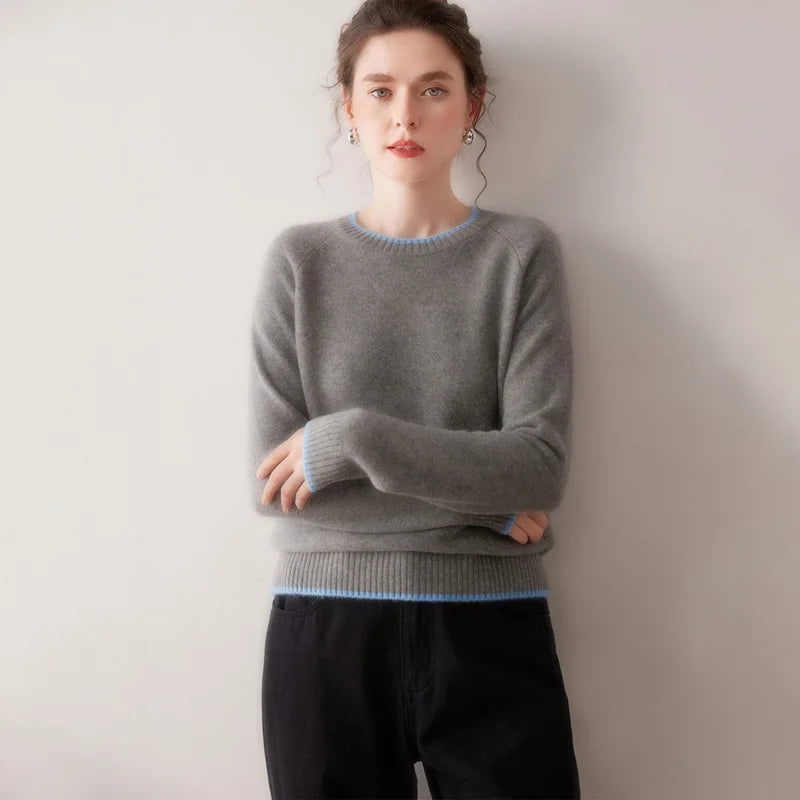 Kaschmir Damen Pullover rundhals, dick gestrickt & farblich abgesetzt für Herbst und Winter