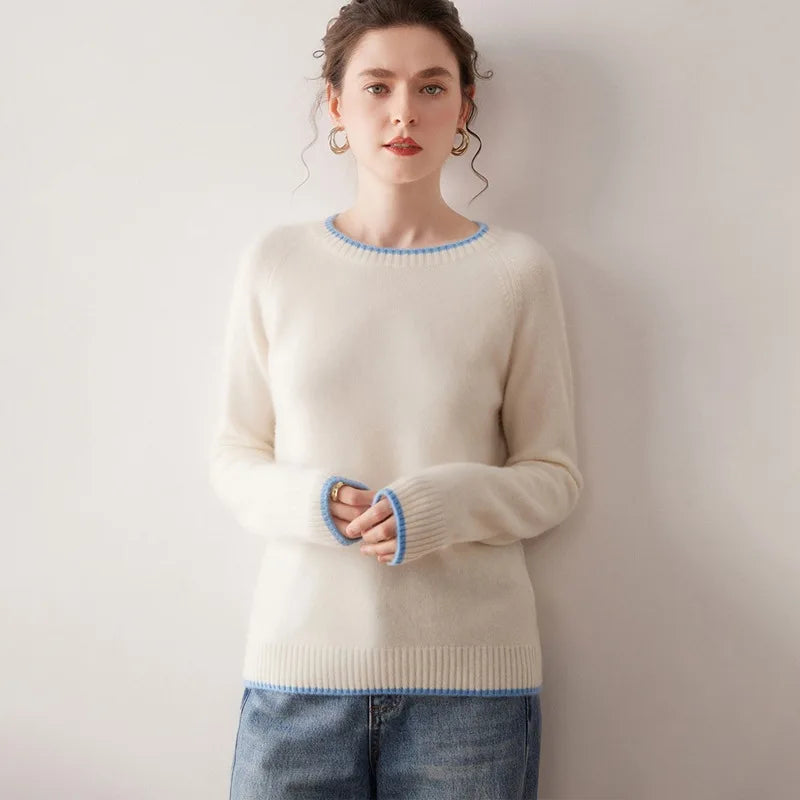 Kaschmir Damen Pullover rundhals, dick gestrickt & farblich abgesetzt für Herbst und Winter