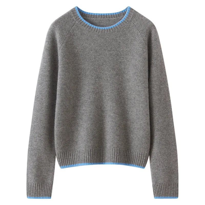 Kaschmir Damen Pullover rundhals, dick gestrickt & farblich abgesetzt für Herbst und Winter