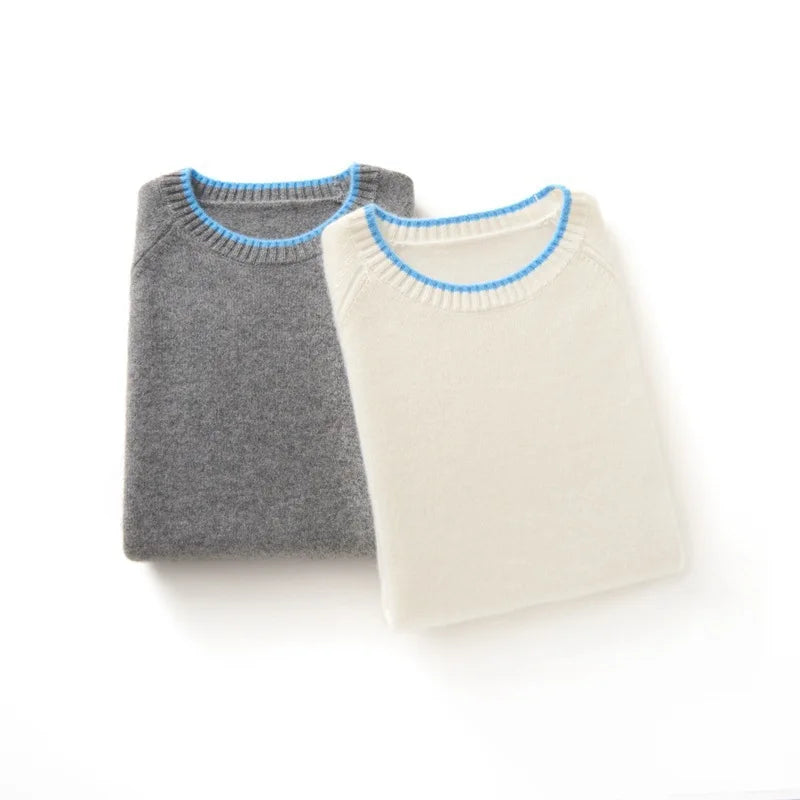 Kaschmir Damen Pullover rundhals, dick gestrickt & farblich abgesetzt für Herbst und Winter