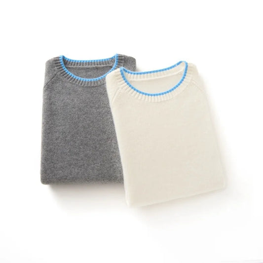 Kaschmir Damen Pullover rundhals, dick gestrickt & farblich abgesetzt für Herbst und Winter