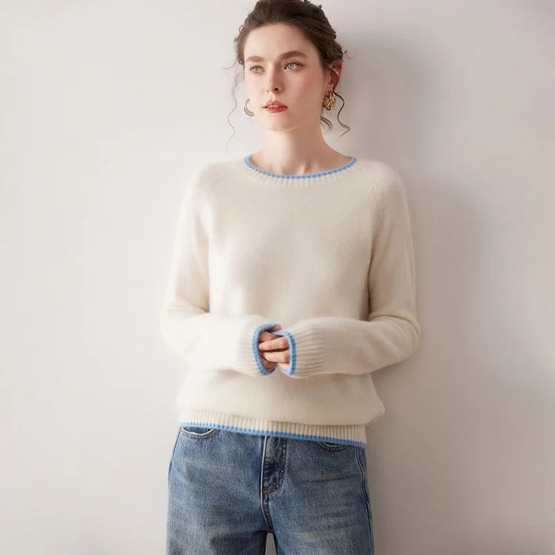 Kaschmir Damen Pullover rundhals, dick gestrickt & farblich abgesetzt für Herbst und Winter